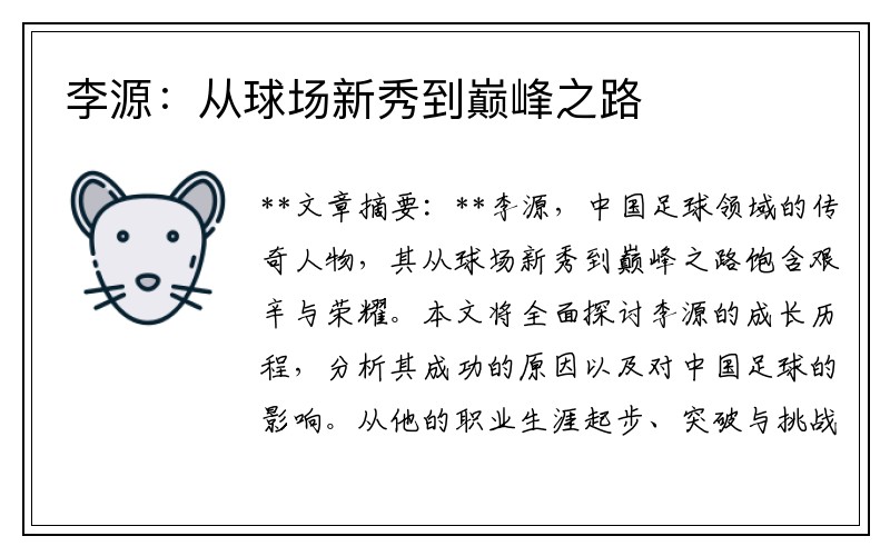 李源：从球场新秀到巅峰之路