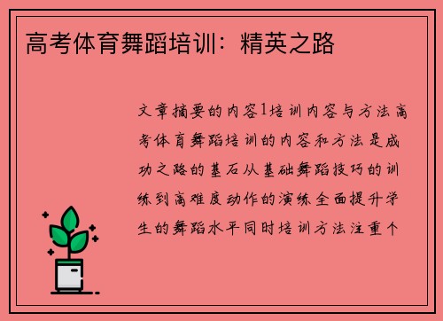高考体育舞蹈培训：精英之路