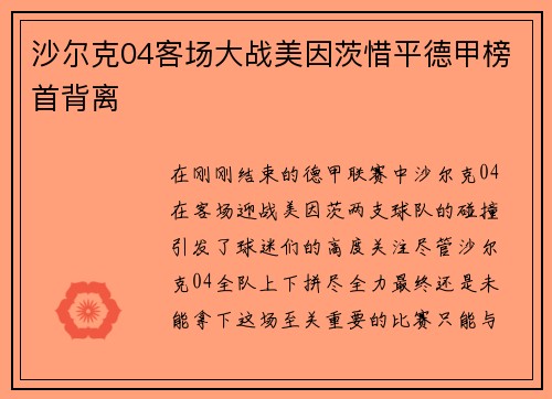 沙尔克04客场大战美因茨惜平德甲榜首背离